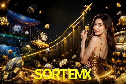 Una escena digital vívida inspirada en casino con SORTEMX mostrado prominentemente, luces brillantes, fichas, cartas y acentos dorados.