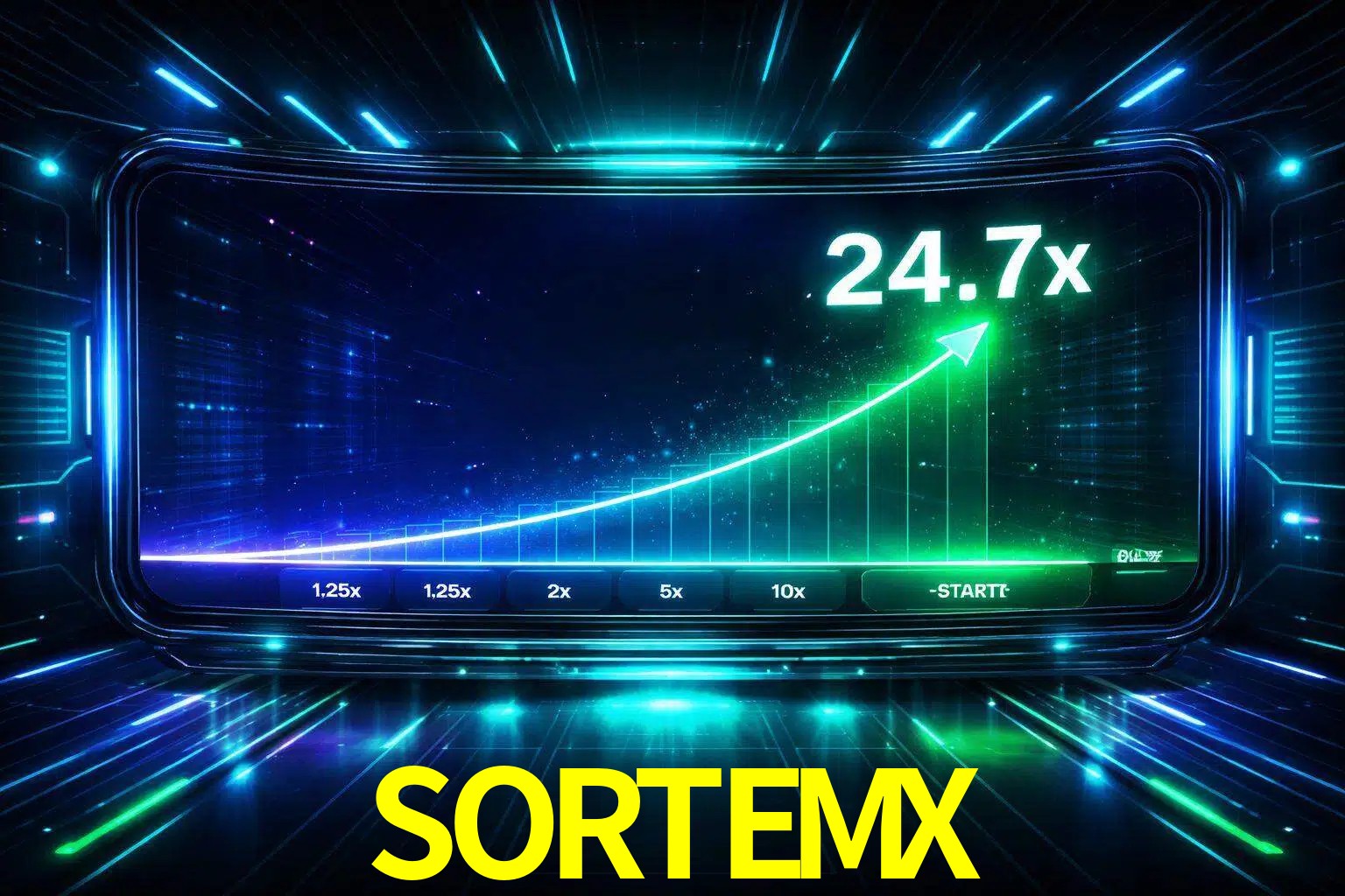 Una pantalla moderna de juego estilo crash con multiplicadores ascendentes, visuales de neón y una interfaz intensa enfocada en la acción.